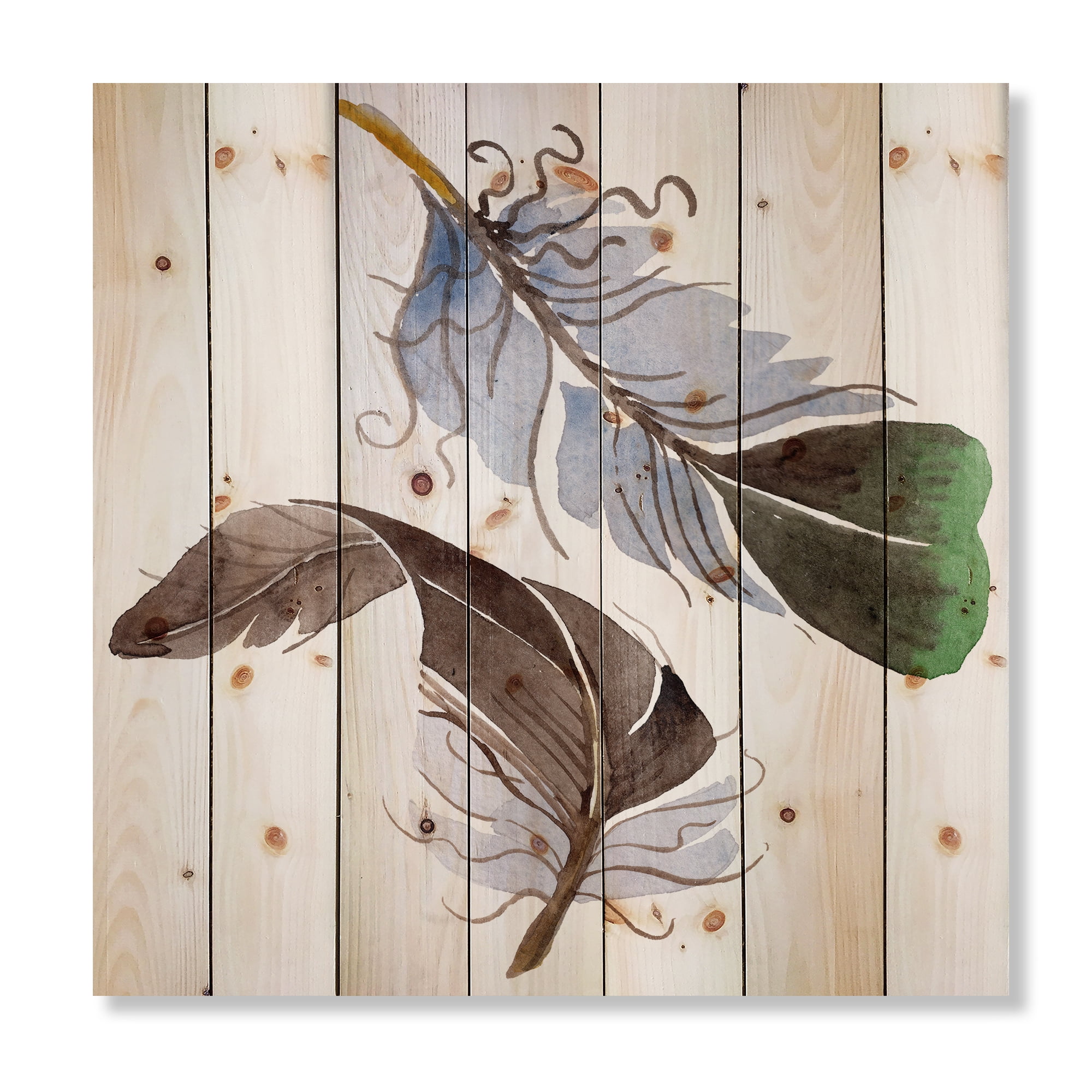 Designart 'Abstract Green Bird Feather From Wing' Bohemian & Eclectic Print on Natural Pine Wood
