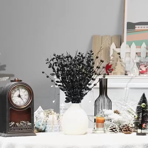 Six Glittering Artificial Christmas Flowers with Berry Stems for Festive Home Decor