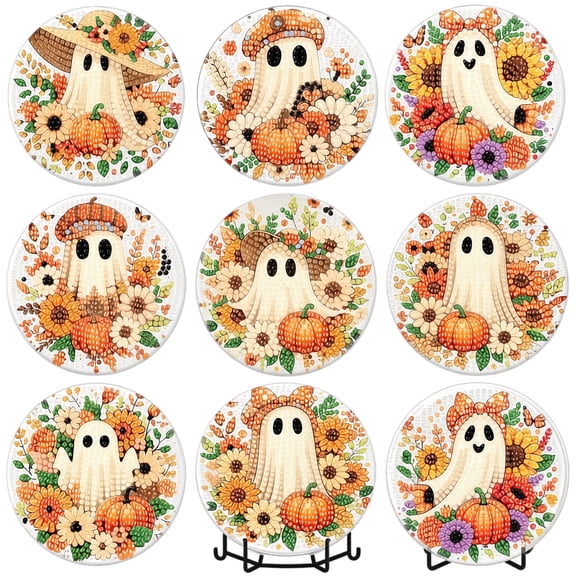 8 Pcs Halloween Ghost Diamond Painting Coasters Kit, 4x4 Inch 5D Fall Diamond Art Coasters with Cork Pads, DIY Craft Set for Adults Tabletop Decoration