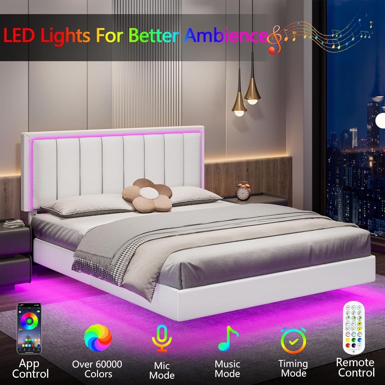 4 EVER WINNER Full Size LED Bed Frame, Full Floating Bed Frame with LED Light, White Bed Frame with Headboard, White