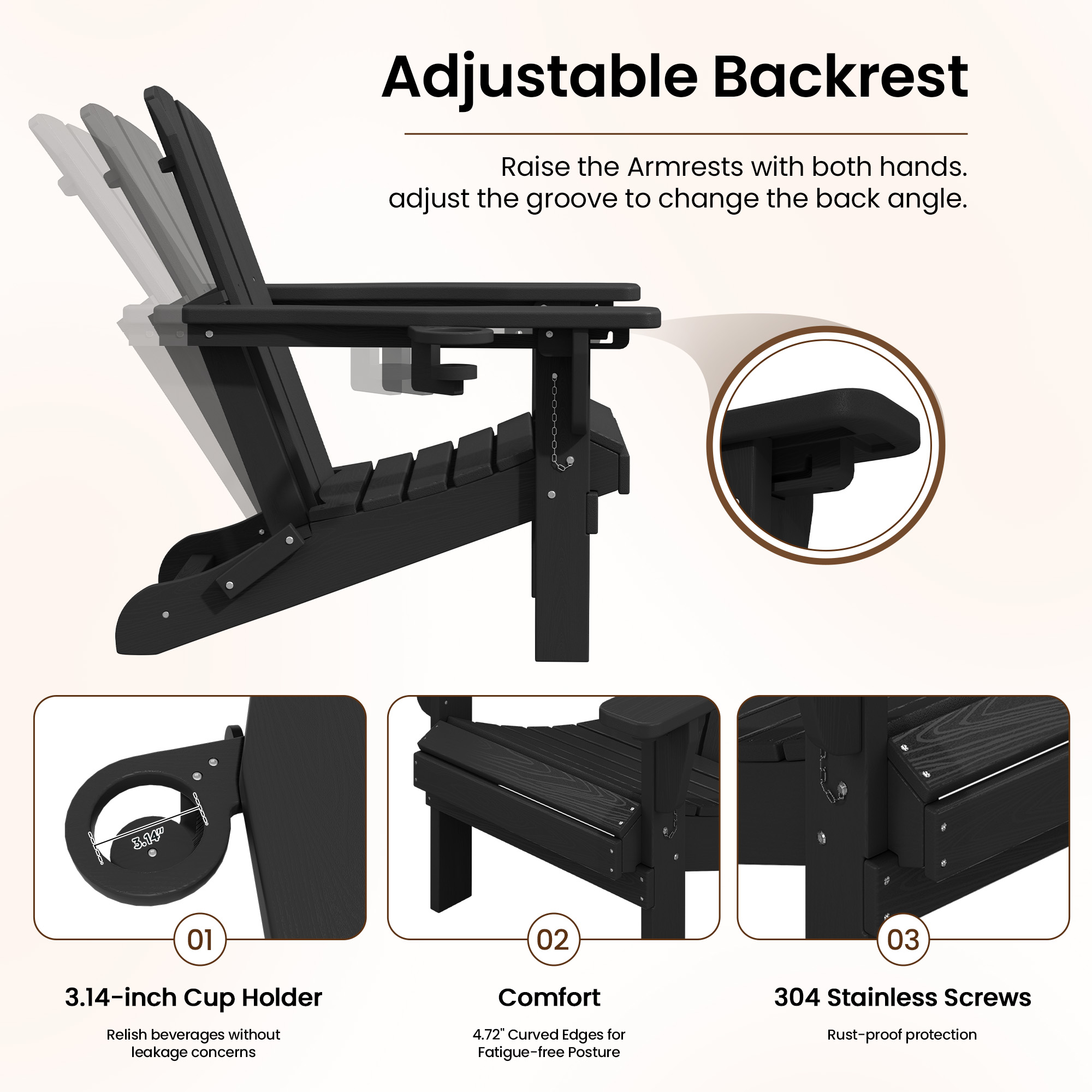 SERWALL Adjustable Folding Adirondack Chair Set of 2, Black photo 2