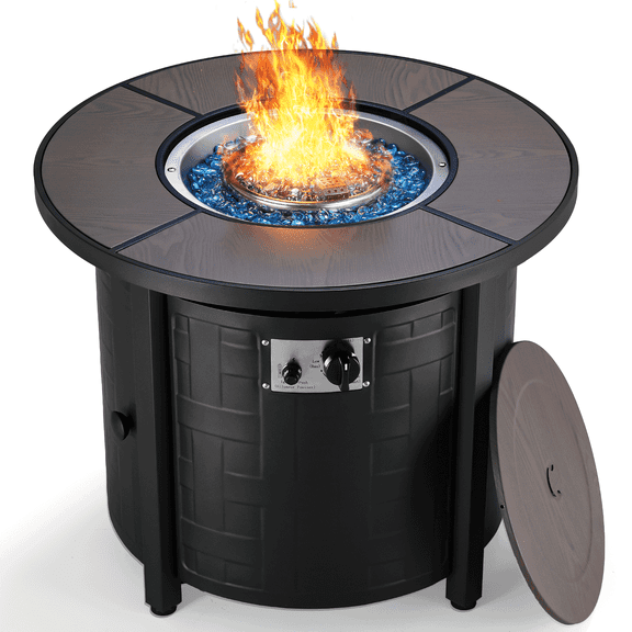 TLGREEN 30" Propane Fire Pit Table with Lid and Blue Stone, 50,000 BTU Auto-Ignition Round Gas Fire Pit for Outdoor, Backyard