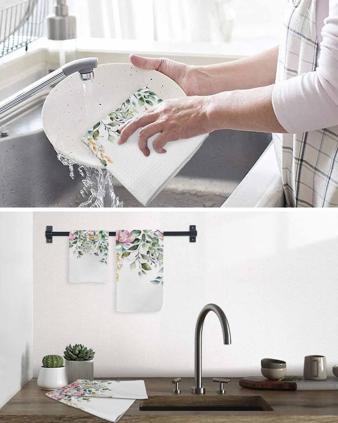 Eucalyptus Flower Hand Towels Set,Waffle Weave Kitchen Towels 4 Pieces,Sage Green Botanical Boho Leaf Pink Microfiber Hair Face Bath Tea Towel Absorbent Quick Drying Cleaning Dish Cloths,15.7"x23.6"