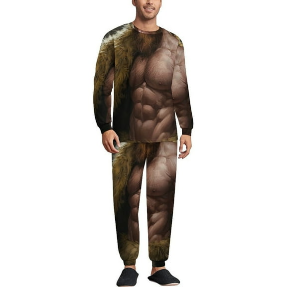 Muscle Wild Man Men's Pajama Set Sleepwear Pjs Lightweight Long Sleeve Crewneck Shirts and Bottoms Soft Comfy Sleep Sets XS