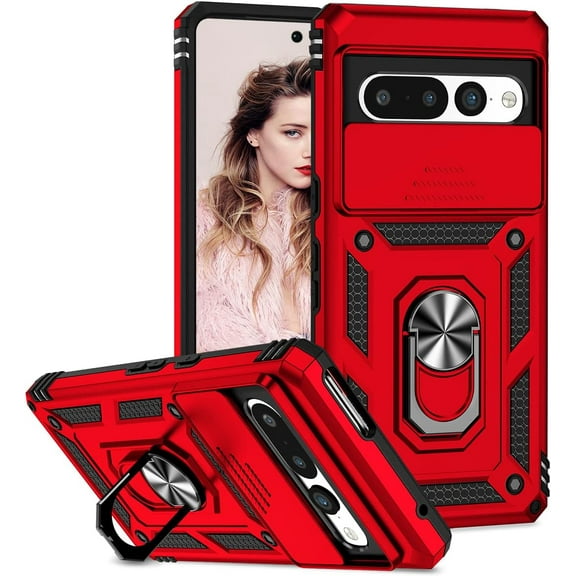 Case for Google Pixel 7 Pro with Slide Camera Cover, Military Grade Drop Protective Phone Cover Case with Ring Kickstand for Google Pixel 7 Pro JST Red