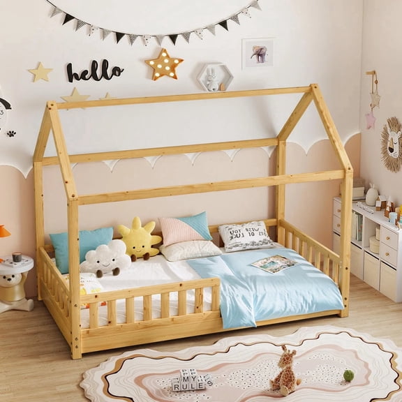 Papajet Twin Size House Bed, Montessori Wooden Floor Bed Frame with Guardrails, Playhouse Roof, Easy Assembly, Natural Wood