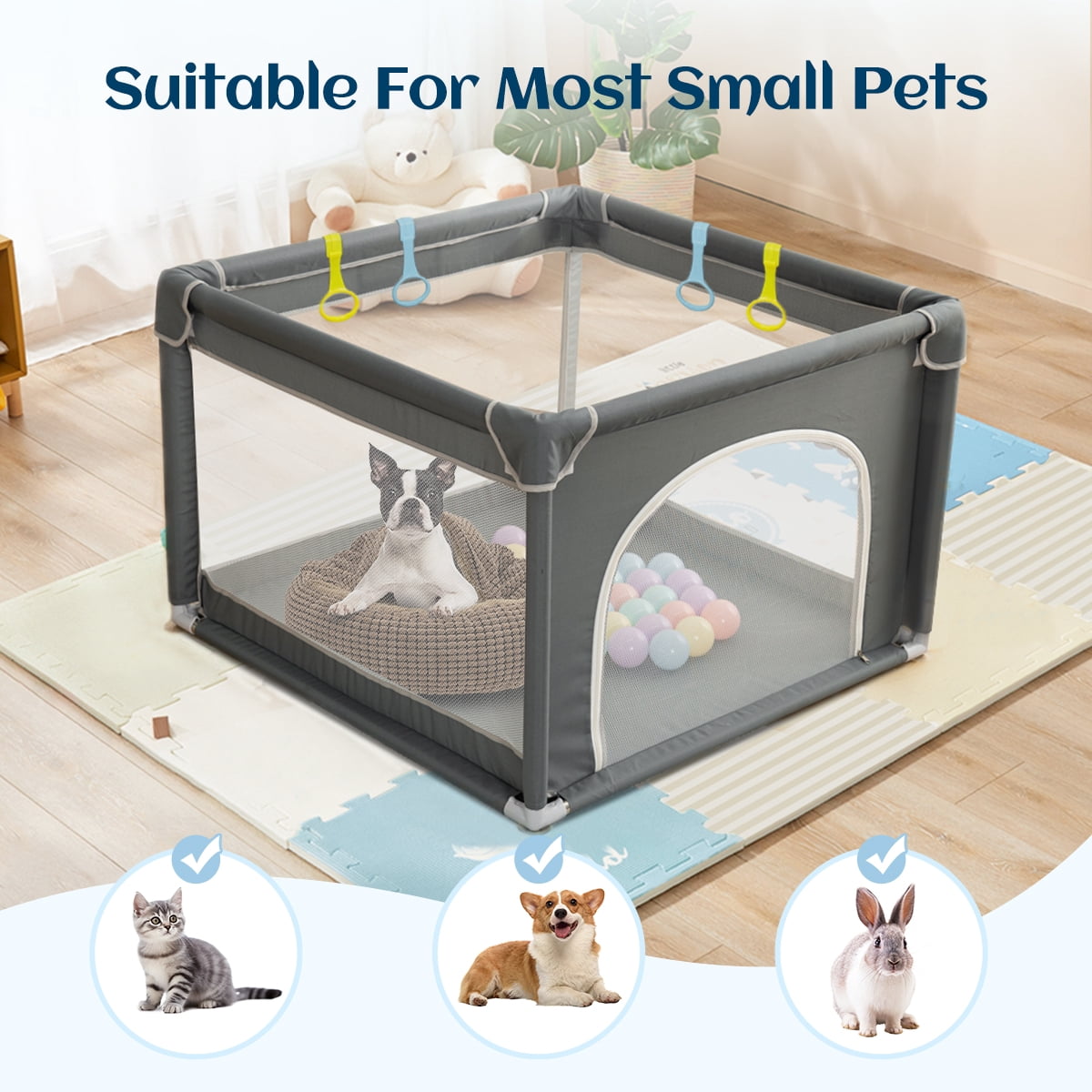 Dog Playpen, 36 x 36 x 27 Inch Portable Indoor Pet Playpen with Soft Mesh and Sturdy Frame, Gray