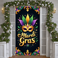 thumbnail image 4 of Feather Decorated Mardi Gras Banner Jeweled Mask Festival Backdrop Purple Green Gold Ornate Design Celebration Display for Mardi Gras Party Carnival Celebration Festive Gathering, 4 of 7