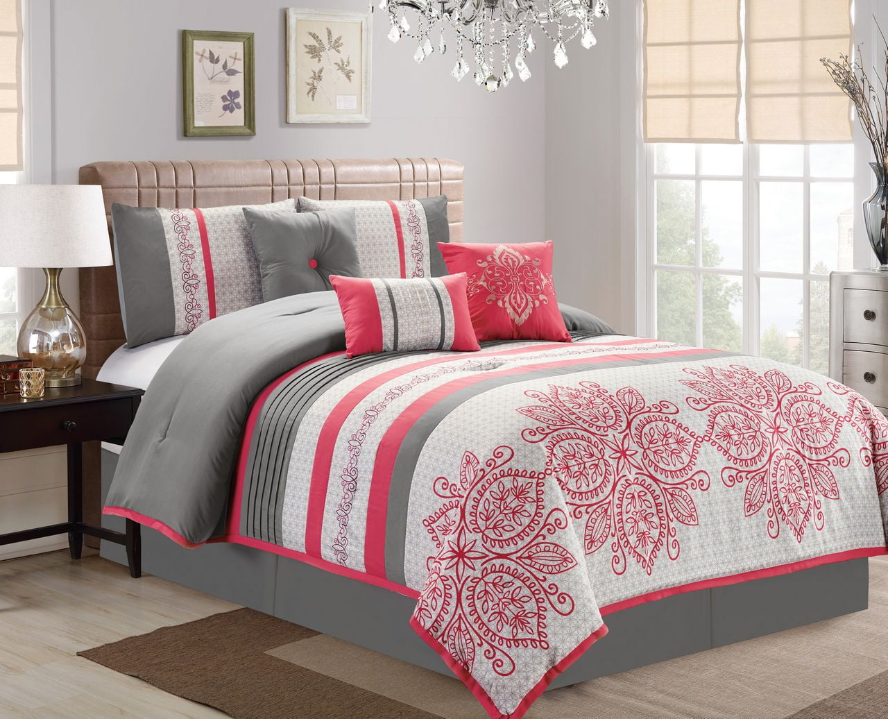 7 Piece Floral Medallion Stripe Pink Ivory Gray Comforter Set