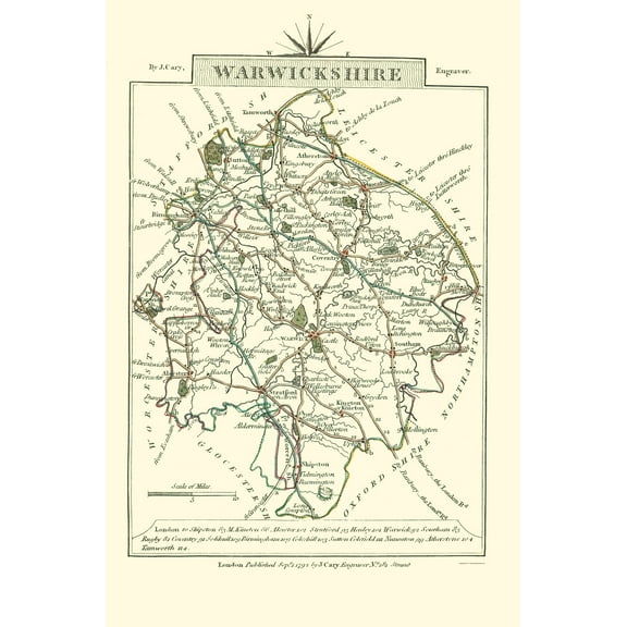 Historic Map - Warwickshire County England - Cary 1792 - 23 x 34.76 - Vintage Wall Art
