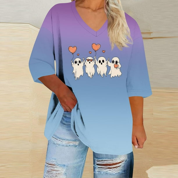 Heisall Womens T-shirts Halloween Print V-Neck 3/4 Sleeve Loose Plus Size Casual Fashion Daily Wear Tops