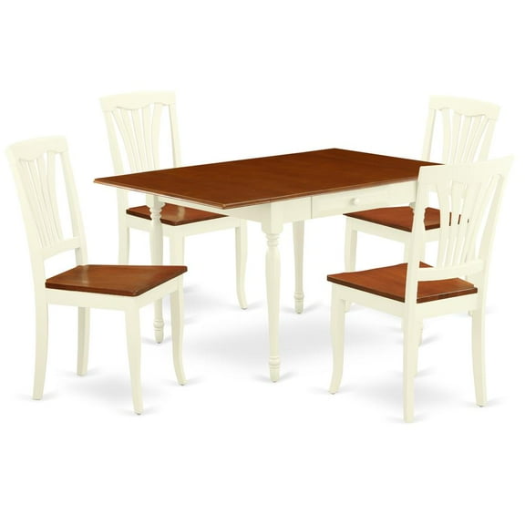 East West Furniture MZAV5-WHI-W 5Pc Dining Set Includes a Wood Dining Table and 4 Modern Dining Chairs with Wooden Seat, Drop Leaf Table with Slat Back Chairs, Buttermilk and Cherry Finish