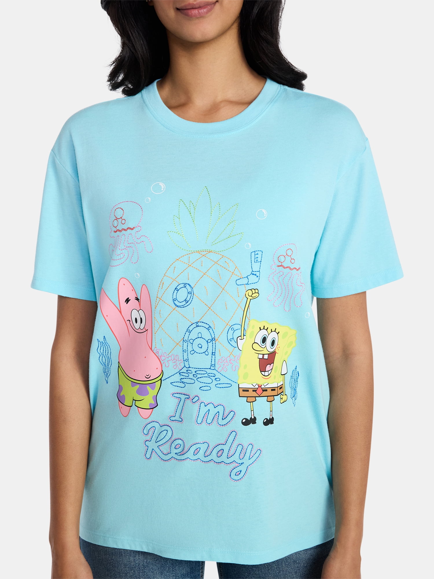 SpongeBob SquarePants Women's Embroidered Graphic Tee with Short Sleeves, Sizes XXS-XXL
