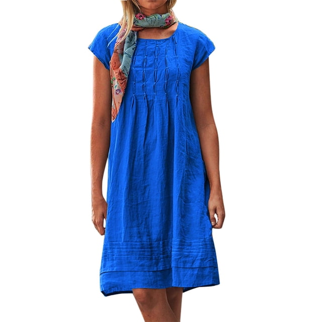 B91xZ Robes pour Femmes 2024 Robe Décontractée à Manches Courtes Col Carré Taille Élastique à Volants Robe Trapèze Mini, Bleu G