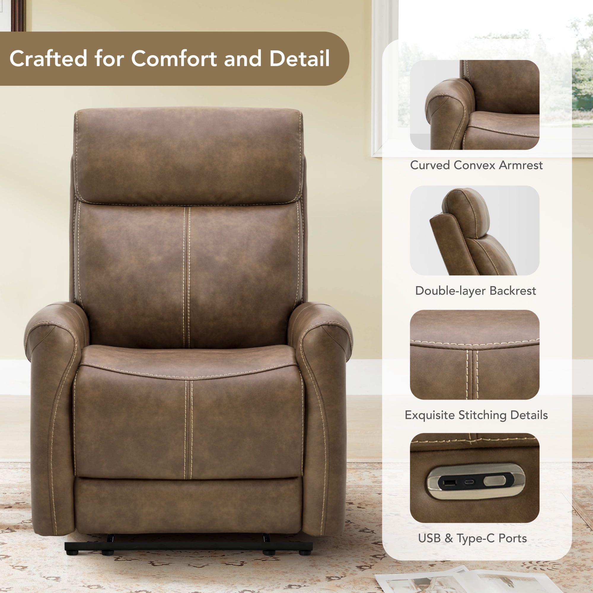Spruce & Spring Wall Hugger Power Recliner with Three Positions, Brown