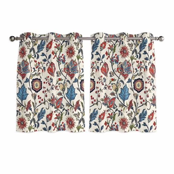 Boho Floral Kitchen Curtains Short 54 Inch Length, Blue Red Flower Vintage Petals Branch Leaf Grommet Top Bedroom Living Room Curtains, Light Filtering Cafe Curtain Drapes 2 Panels Set 84''x54''