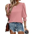 thumbnail image 4 of bbyeadc 3/4 Length Sleeve Tops for Women 2025 Crew Neck Puff Cuff Pleated Shirts Three Quarter Sleeve Dressy Casual Loose Fit Basic Trendy Tops Summer Basic Business Casual Blouses, Pink L, 4 of 7