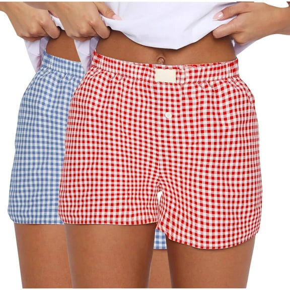 Lenpel Women's Boxer Shorts 2 Pc Summer Casual Elastic High Waisted Plaid Pajama Lounge Shorts Sleep Pj Bottoms