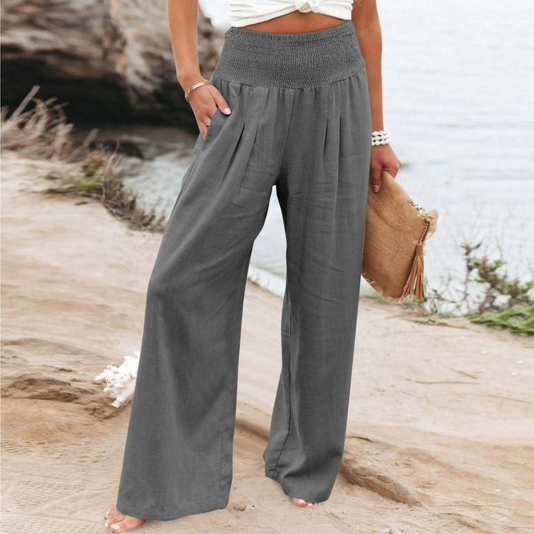 Plus Size Women Summer High Waisted Cotton Linen Palazzo Pants Solid Color  Wide Leg Long Lounge Pant Trousers with Pocket
