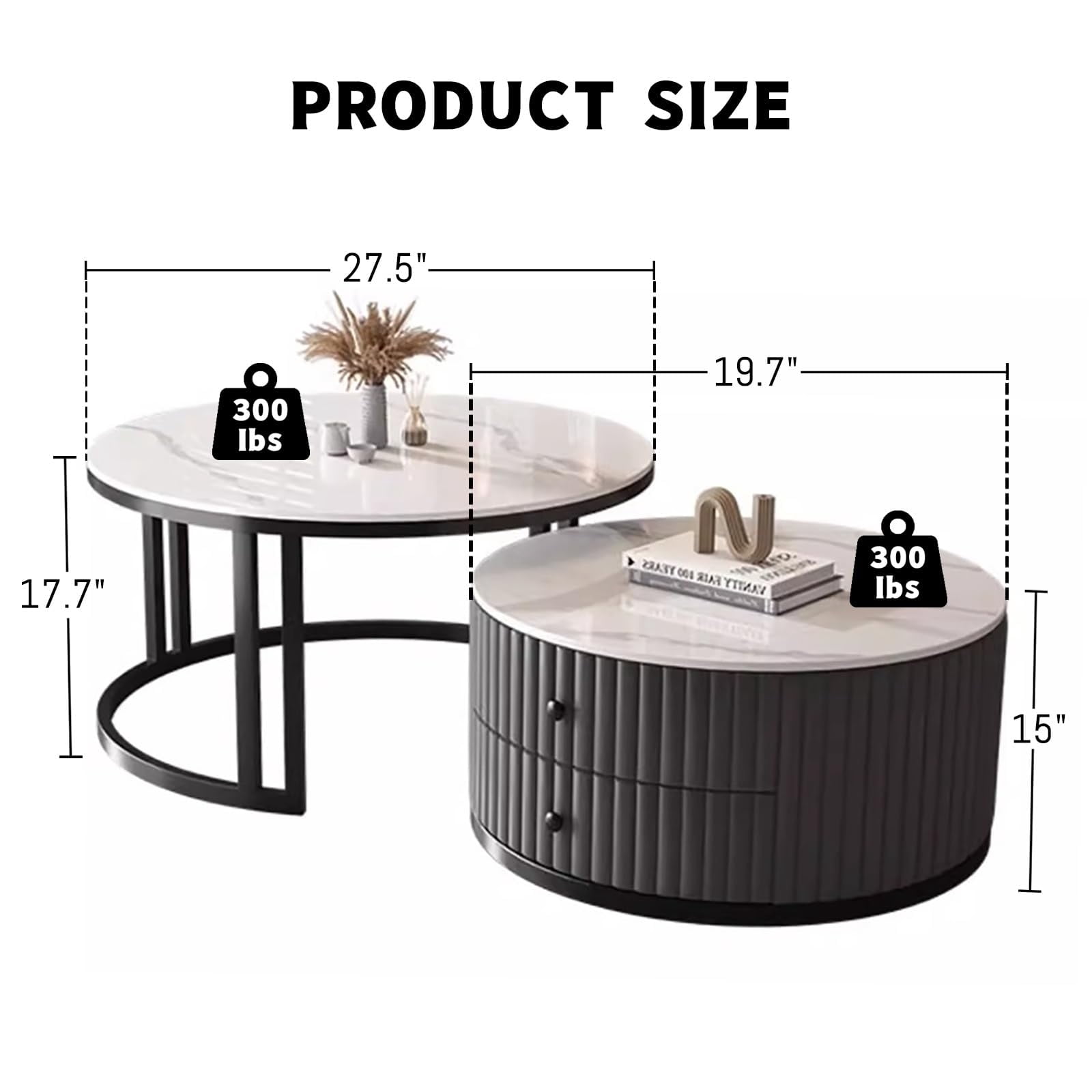 Black Coffee Table Round Set of 2 Nesting Coffee Table for Living Room Circle Coffee Table with Storage Drawer Mid Century Modern Coffee Table with Marble Desktop Large Round Coffee Table