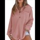 thumbnail image 2 of Tops de Punto Gofre para Mujer, Camisetas Henley de Larga con Cuello en V, Color Liso, Túnica Informal Rosa Oscuro XL, 2 of 6