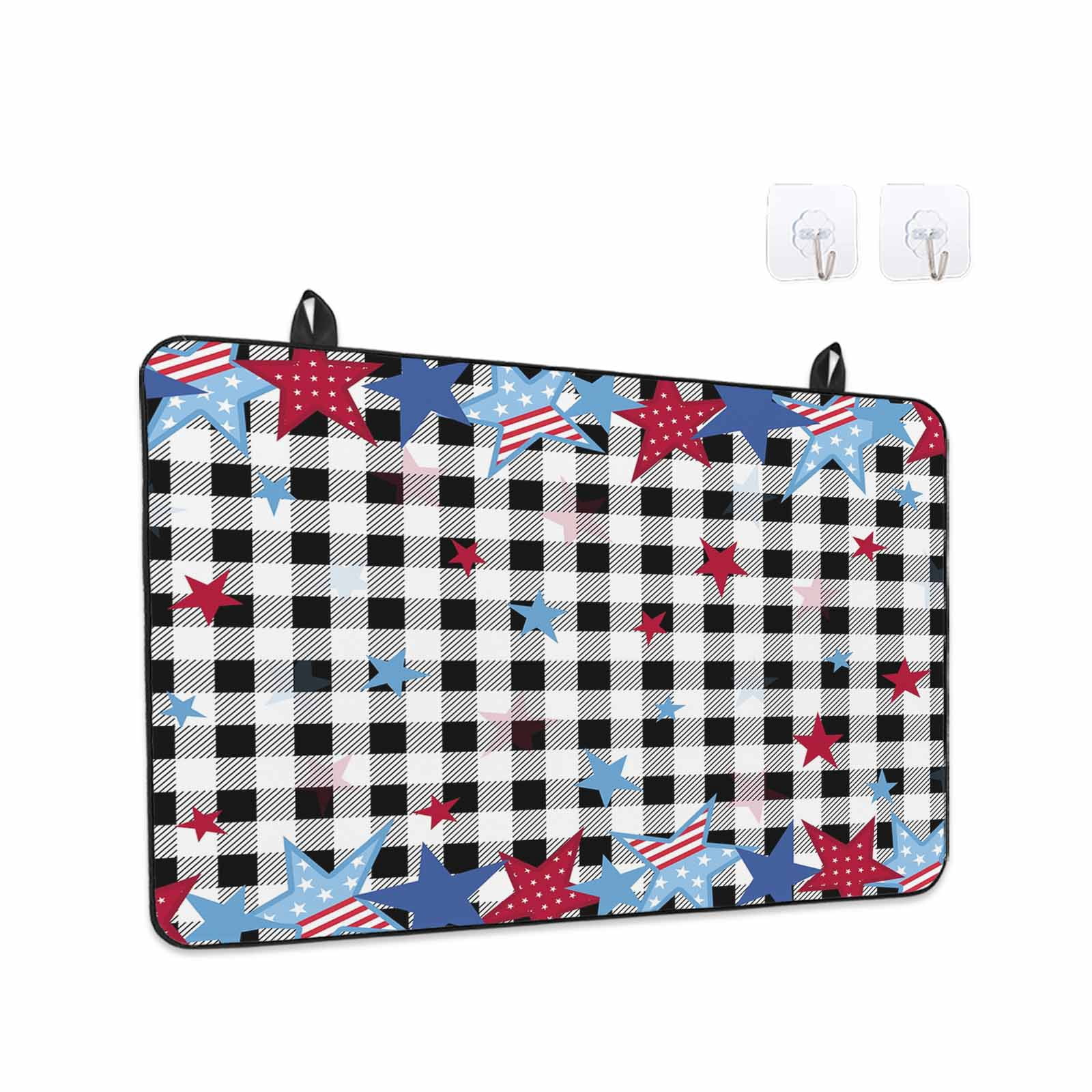 4th of July Stove Top Cover for Electric Stove, Heat-proof & Non Slip Glass Top Stove Cover Protector, Blue Red Star Independence Day Black Plaid Kitchen Flat Cooktop Rubber Mat 24x21 Inches