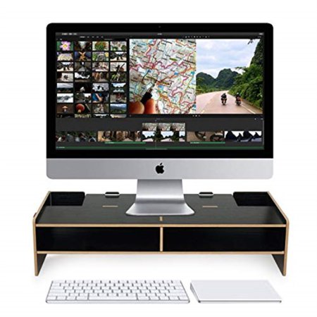 akiimy wood universal computer monitor stand riser with storage organizer drawers, desktop,laptop stand riser with keyboard storage space for home & office pc desk stand (black)