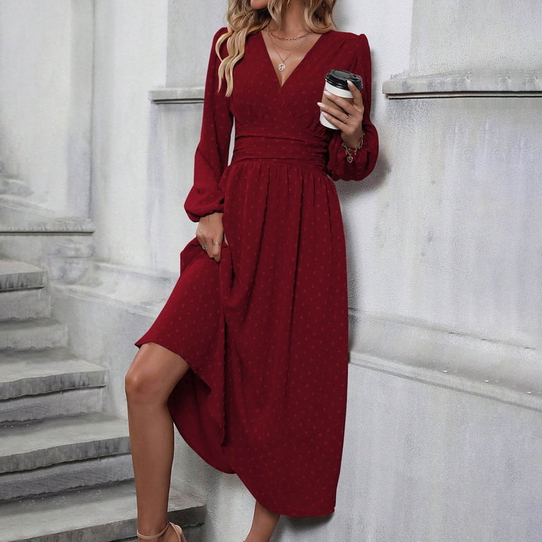 pleated chiffon t shirt dress Mrat T Shirt Dresses for Women Womens Chiffon Cocktail Maxi Dress, Long Sleeve V Neck Chiffon A-Line Flowy Wedding Guest Dresses Pleated Dress for