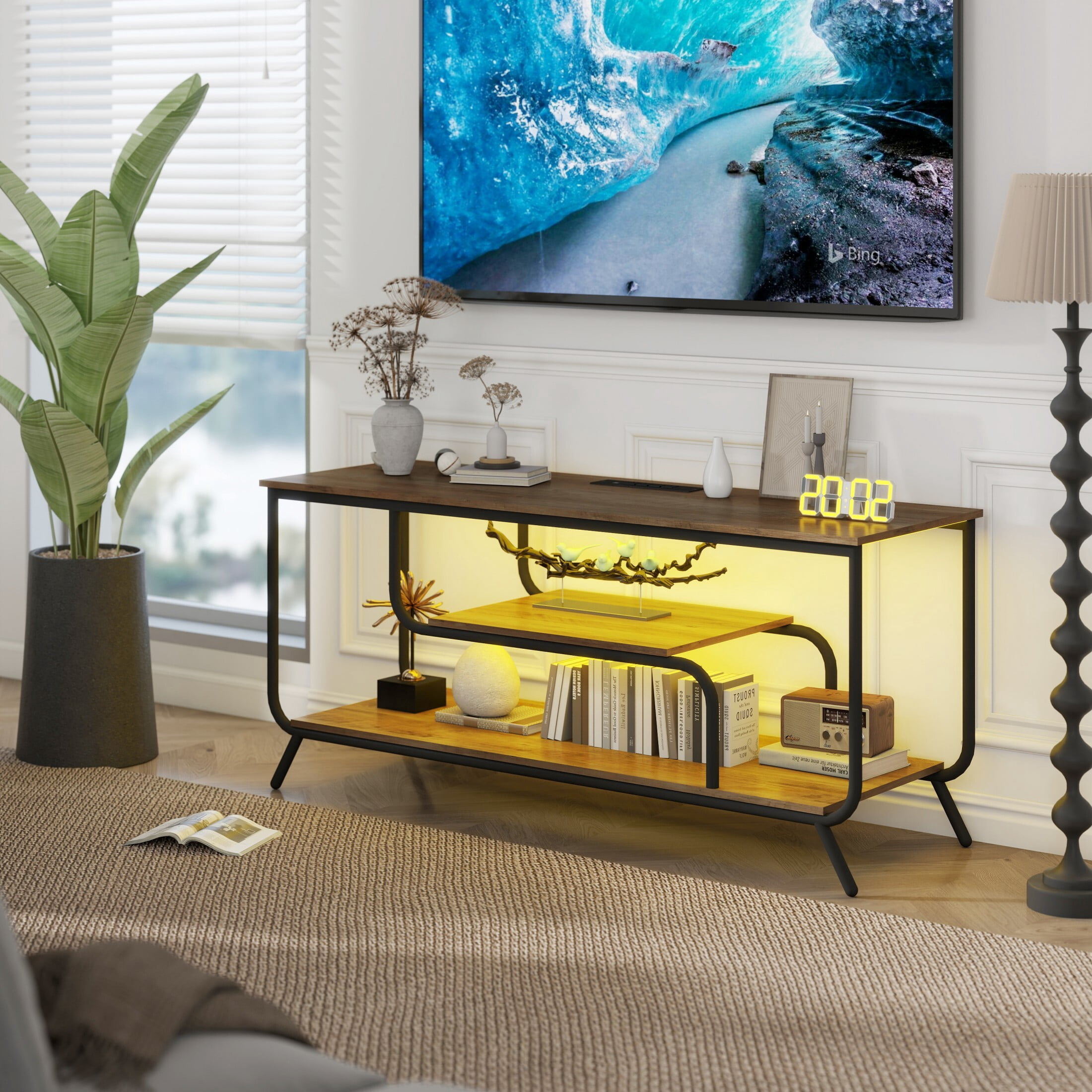 DEALTOPS 16-Color LED Lights TV Stand with Charging Stations and Shelf for TVs Up to 55'', Rustic Walnut