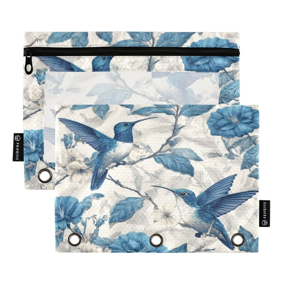 2 Pack 3 Ring Binder Pouch with Clear PVC Window Water Resistant Zipper Pencil Pouch Birds in Shades Of Blue Binder Pocket for Classroom Office Home Stationery Organization