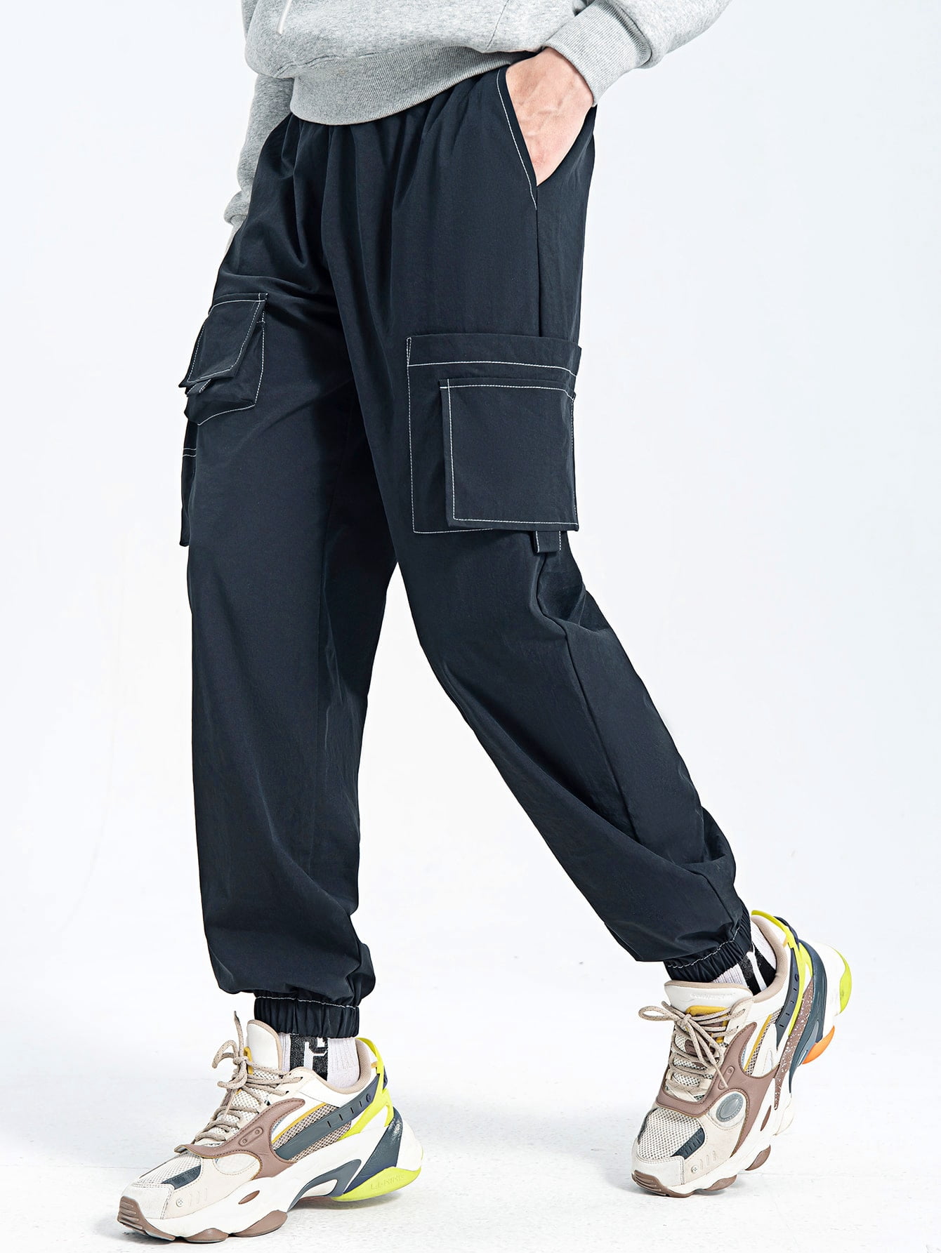 stitching Drawstring Waist Cargo Pants 
