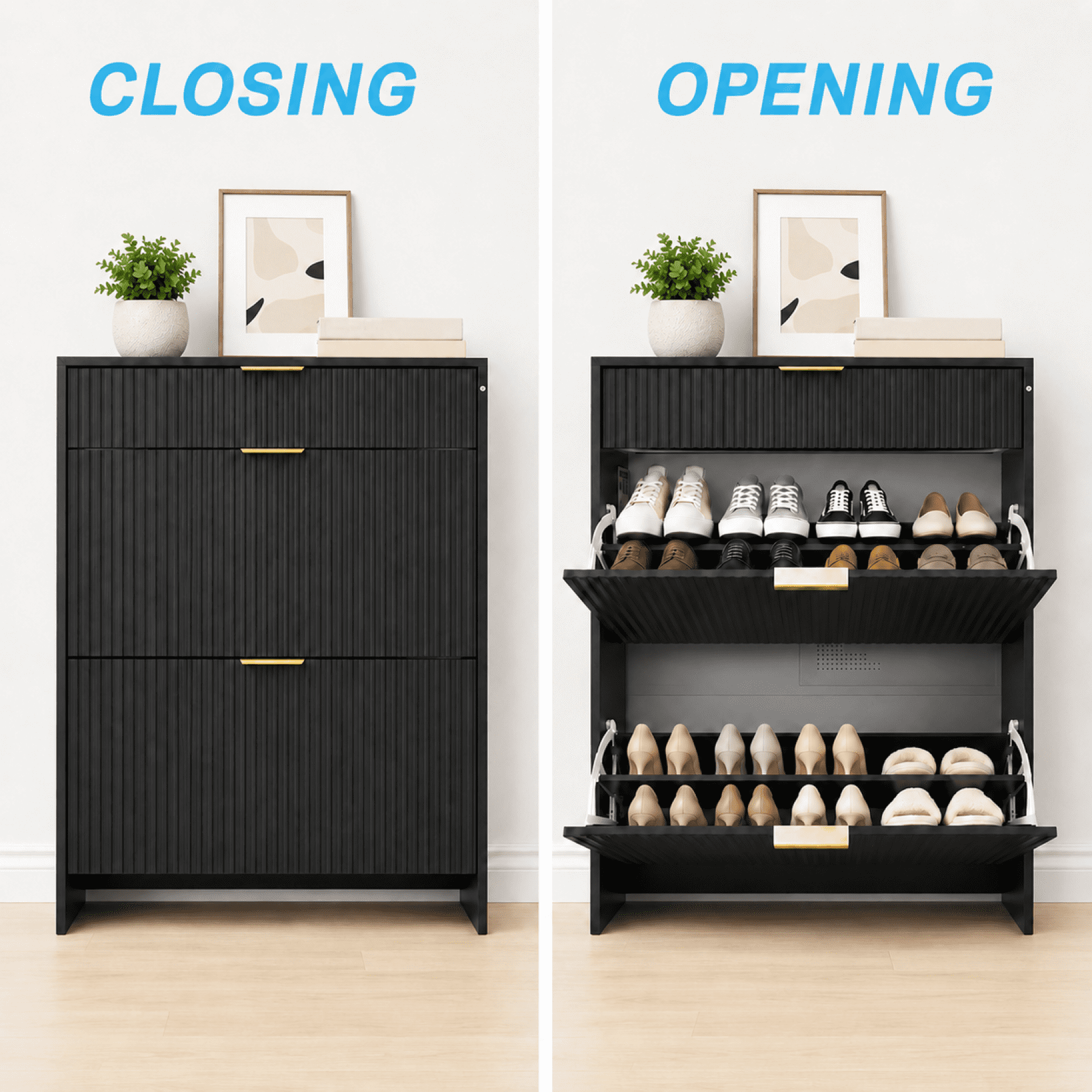 Leumius Shoe Cabinet with 2 Flip Drawers and 1 Drop-Down Drawers,Hidden Wood Shoe Cabinet,Freestanding Shoe Storage Cabinet for Entryway Hallway,Black