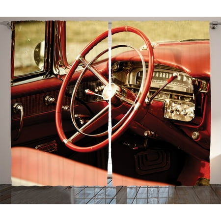 - Vintage Curtains 2 Panels Set, Interior of an Antique Classic Aged Car with Exquisite Control Board Details Retro Picture, Living Room Bedroom Decor, Red Silver, by Ambesonne