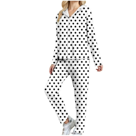 Womens Tracksuits 2 Piece Outfits Full Zip Sweatshirt Hoodie Jacket and Elastic Drawstring Long Pant Sets Sportswear (XL, White|Dots)