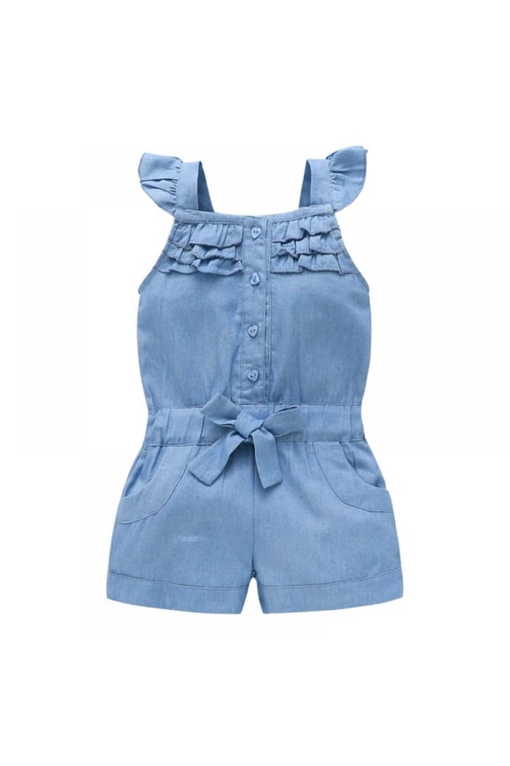 Summer Kids Girls Clothing Rompers Denim Blue Cotton Washed Jeans Sleeveless Bow Jumpsuit 0-5Y
