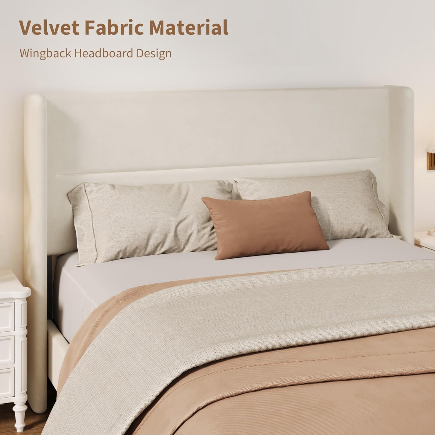 IDEALHOUSE Queen Size Bed Frame with Wingback Headboard, Velvet Upholstered Platform Bedframe with Wood Slats, No Box Spring Needed, Easy Assembly, Beige
