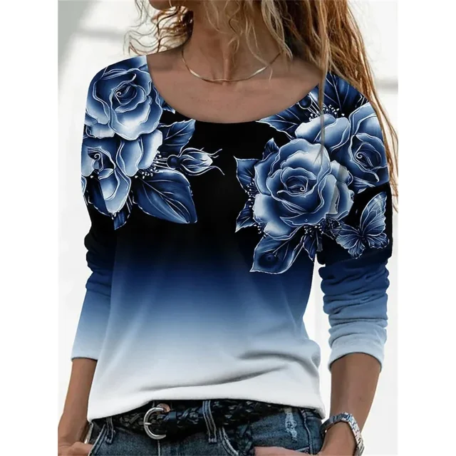 Camiseta elegante con estampado de flores para mujer, ropa de manga larga, holgada, informal, con cuello redondo, para otoño e invierno, 2023