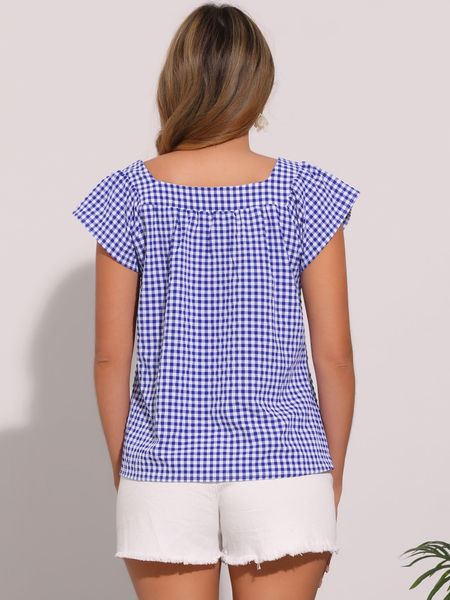 DARING DIVA Women's Cute Cap Sleeve Square Neck Plaid Blouses S Blue White
