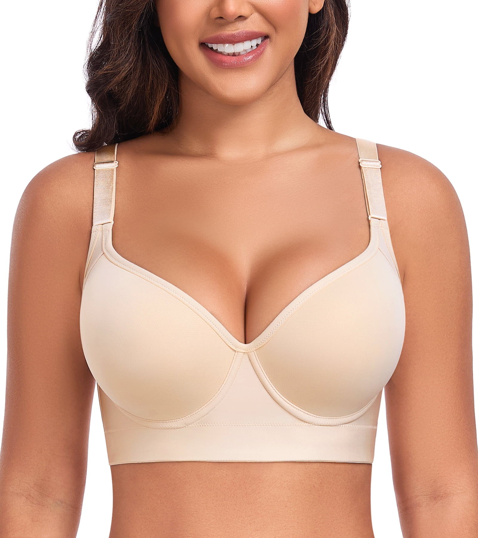 Exerin Women's Push Up Underwire Full Coverage Sculpting Uplift Support Hide Back Fat Bra(40B,Beige)