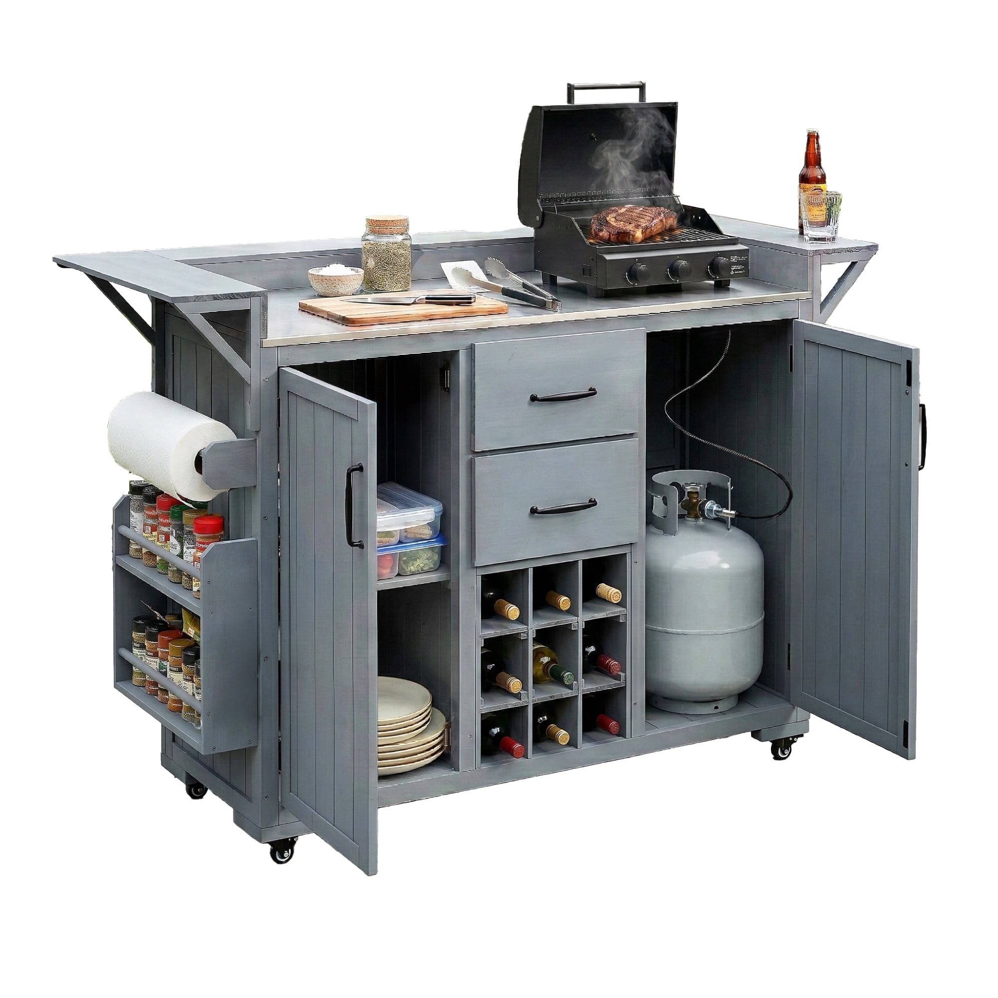 Mintazer Modern 60.2" Outdoor Kitchen Island with Wheels, Rolling Kitchen Island with Stainless Steel Top & Wine Rack, Patio BBQ Kitchen Cart with Spice Rack & 2 Drawers, Gray