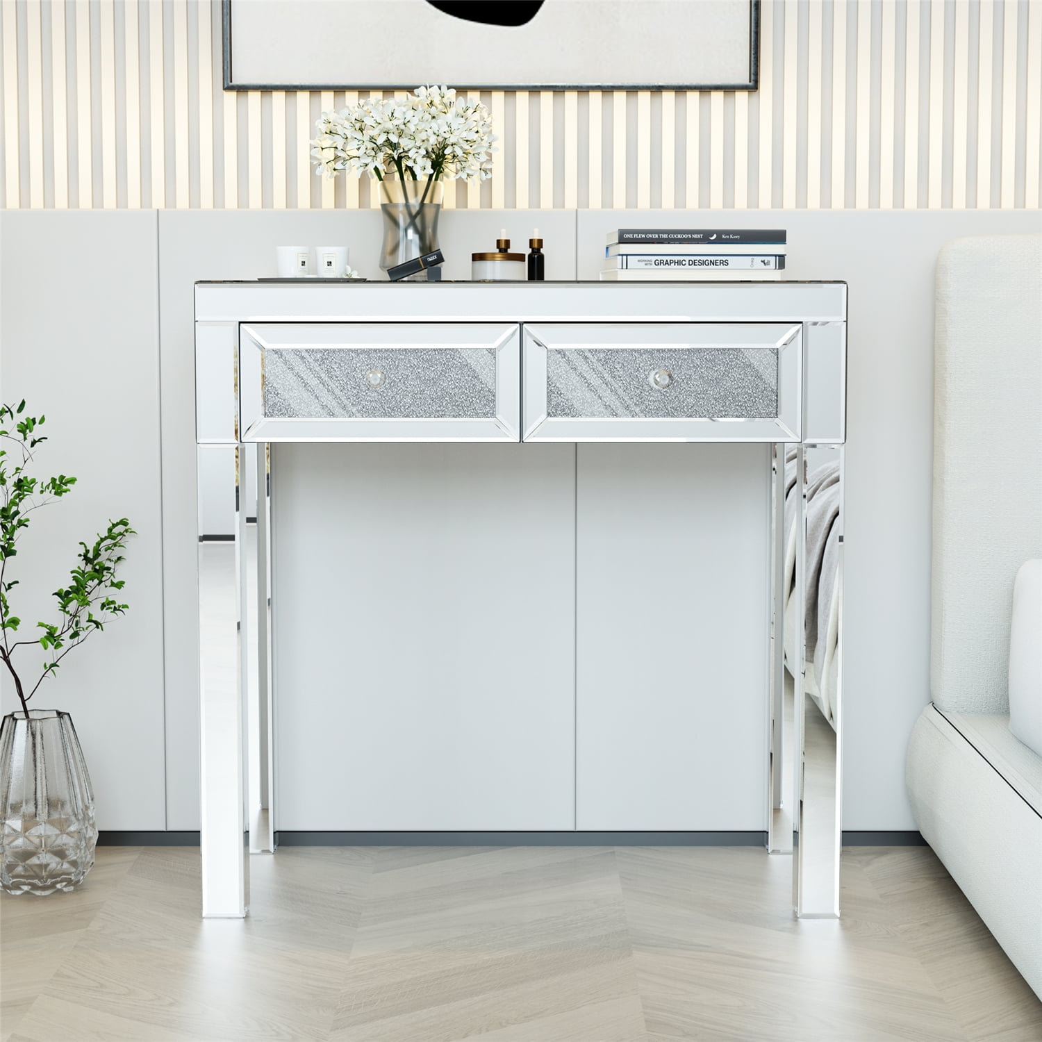 Private Jungle 2 Piece Home Furnishing Mirrored Vanity Table Set with Stool,Silver Private Jungle 2 Piece Home Furnishing Mirrored Vanity Table Set with Stool,Silver