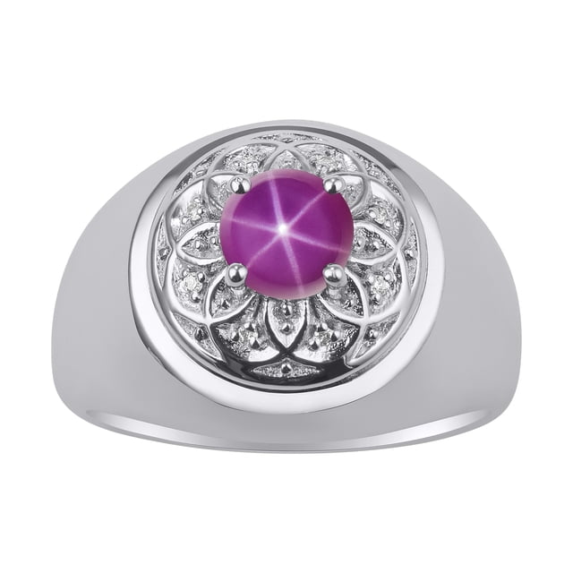 RYLOS Men's Rings Sterling Silver Designer Gypsy 7MM Round Gemstone & Diamond Ring Star Ruby July Birthstone Rings Size 12
