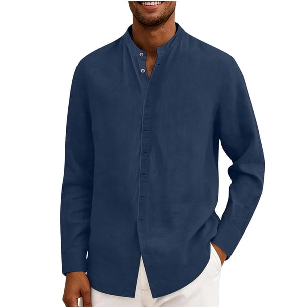 Ceisia Men's Relaxed Fit Linen Blend Stand Collar Shirt, Solid Color Long Sleeve Casual Button-Up Top Gifts