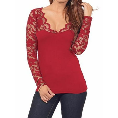 - Sexy Ladies Women V Neck Lace Floral Stretchy Casual Tops Shirt Blouse