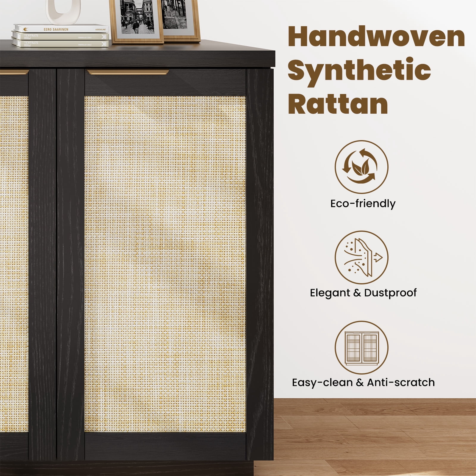 Hommpa Sideboard Buffet Cabinet Rattan Kitchen Storage Organizer Boho Farmhouse Accent Cabinets TV Console for Living Dining Room Coffee Bar for Party Holiday Festival Christmas Gift, Black
