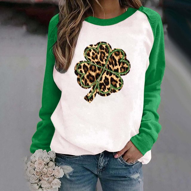 WREESH Mode T-Shirt Décontracté pour Femmes de Printemps à Empiècements, Imprimé de la Saint-Patrick, Manches Longues, Col Rond