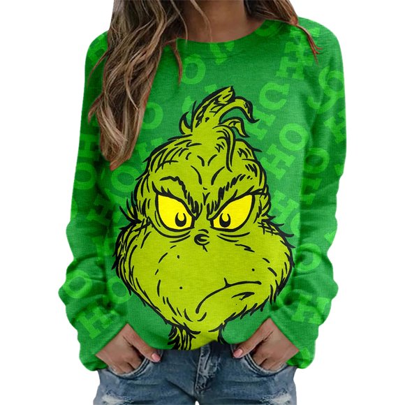 VJATTWR Mes Articles Chandail de Noël Femme 3D Vert Étole Imprimé Dessin Animé Col Rond Col Rond Coupe Chandail Mode Manches Longues Chandails d'Entraînement Blouse Ample Obtenez-le Rapidement