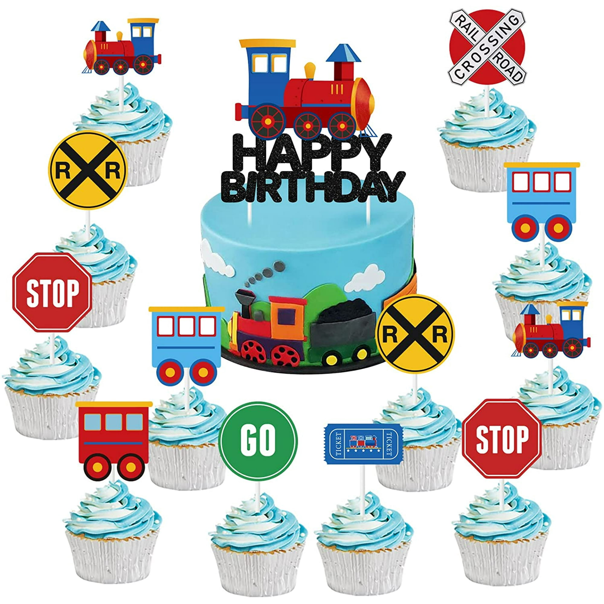 Train Cake Toppers for Boys, 25 Pcs Traffic Happy Birthday Cupcake ...