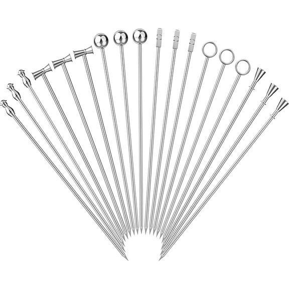 18 PCS Reusable Cocktail Picks, 6 Styles Martini Garnish Skewers, 4.3 Inches Long Stainless Steel Cocktail Toothpicks, Cocktail Sticks for Olives Appetizers Fruit