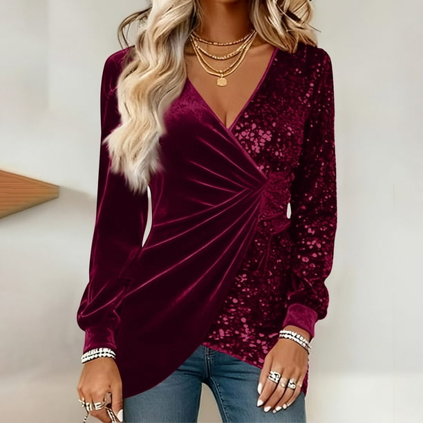 Uootdi Plus Size Sequin Tops for Women Sparkly Glitter Bow Crewneck Long Sleeve Shirts Evening Party Night Top Going Out Pullover Gift